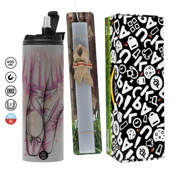 Ballerina shoes, Πασχαλινή Λαμπάδα με Travel Tumbler θερμό (600ml, BPA free) & κερί αρωματικό πλακέ (30cm) (ΓΚΡΙ)