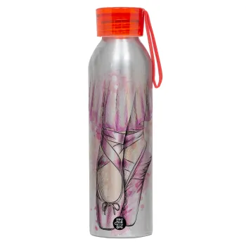 Ballerina shoes, Αλουμινένιο Αθλητικό Μπουκάλι 650ml – Ασημί με Κόκκινο Καπάκι και Λουράκι Σιλικόνης