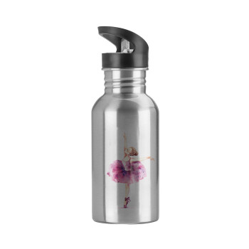 Ballerina watercolor, Water bottle Silver with straw, stainless steel 600ml