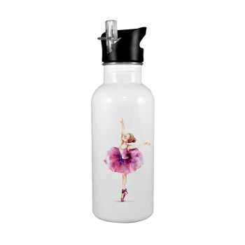 Ballerina watercolor, White water bottle with straw, stainless steel 600ml