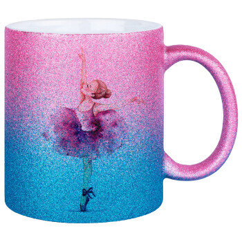 Ballerina watercolor, Κούπα Χρυσή/Μπλε Glitter, κεραμική, 330ml