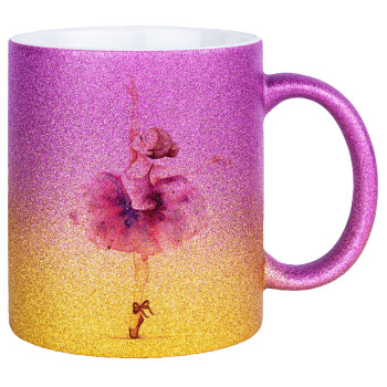 Ballerina watercolor, Κούπα Χρυσή/Ροζ Glitter, κεραμική, 330ml