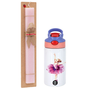 Ballerina watercolor, Easter Set, Children's thermal stainless steel water bottle with safety straw, pink/purple (350ml) & Easter scented flat candle (30cm) (PINK)