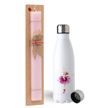 Ballerina watercolor, Easter Set, metallic stainless steel water bottle (750ml) & scented flat Easter candle (30cm) (PINK)