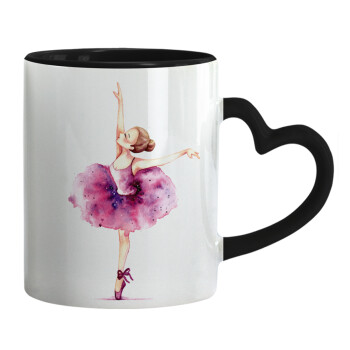 Ballerina watercolor, Κούπα καρδιά χερούλι μαύρη, κεραμική, 330ml