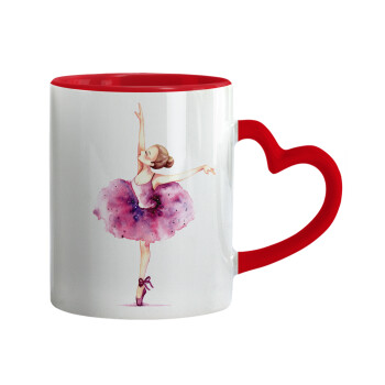 Ballerina watercolor, Κούπα καρδιά χερούλι κόκκινη, κεραμική, 330ml