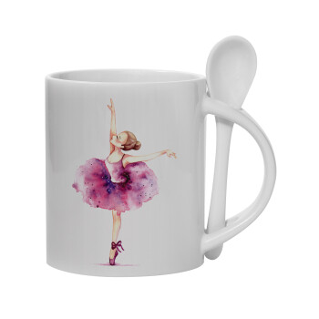 Ballerina watercolor, Ceramic coffee mug with Spoon, 330ml (1pcs)