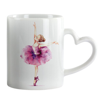 Ballerina watercolor, Κούπα καρδιά χερούλι λευκή, κεραμική, 330ml