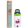 Easter Set, Children's thermal stainless steel bottle with safety straw, green/blue (350ml) & aromatic flat Easter candle (30cm) (TURQUOISE)