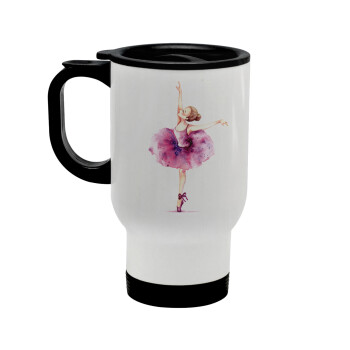Ballerina watercolor, Κούπα ταξιδιού ανοξείδωτη με καπάκι, διπλού τοιχώματος (θερμό) λευκή 450ml