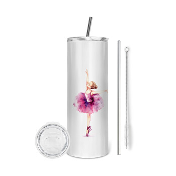 Ballerina watercolor, Eco friendly ποτήρι θερμό (tumbler) από ανοξείδωτο ατσάλι 600ml, με μεταλλικό καλαμάκι & βούρτσα καθαρισμού