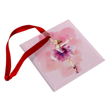 Ballerina watercolor, Χριστουγεννιάτικο στολίδι γυάλινο τετράγωνο 9x9cm