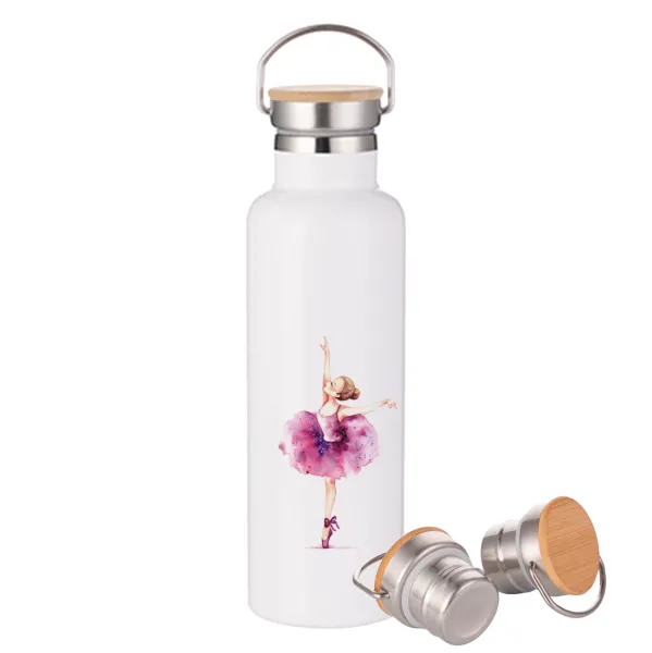 Ballerina watercolor — Stainless steel White with wooden lid (bamboo), double wall, 750ml