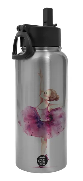 Ballerina watercolor — Metal mug thermo Silver with Straw and Spout Lid (Stainless steel), double wall, 950ml