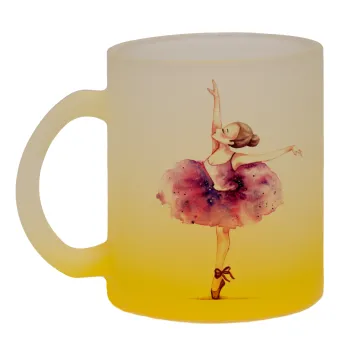 Ballerina watercolor, Κούπα γυάλινη δίχρωμη με βάση το κίτρινο ματ, 330ml