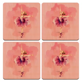 Ballerina watercolor, ΣΕΤ x4 Σουβέρ ξύλινα τετράγωνα plywood (9cm)