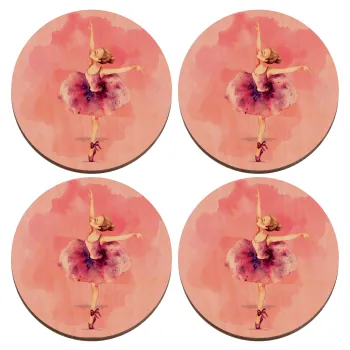 Ballerina watercolor, ΣΕΤ x4 Σουβέρ ξύλινα στρογγυλά plywood (9cm)