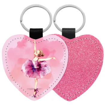 Ballerina watercolor, Μπρελόκ PU δερμάτινο glitter καρδιά ΡΟΖ