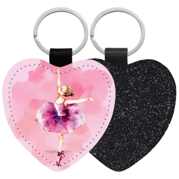 Ballerina watercolor, Μπρελόκ PU δερμάτινο glitter καρδιά ΜΑΥΡΟ