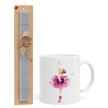 Ballerina watercolor, Πασχαλινή Λαμπάδα με Κούπα κεραμική (330ml) & κερί αρωματικό πλακέ (30cm) (ΓΚΡΙ)