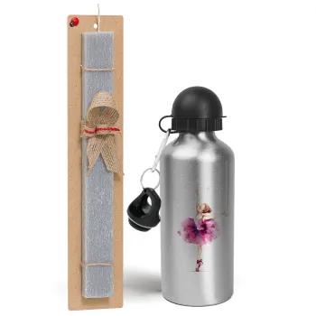 Ballerina watercolor, Πασχαλινή Λαμπάδα με παγούρι μεταλλικό Ασημένιο αλουμινίου (500ml) & κερί αρωματικό πλακέ (30cm) (ΓΚΡΙ)