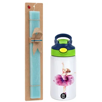 Ballerina watercolor, Easter Set, Children's thermal stainless steel bottle with safety straw, green/blue (350ml) & aromatic flat Easter candle (30cm) (TURQUOISE)