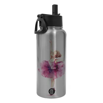 Ballerina watercolor, Μεταλλικό παγούρι θερμός Silver με καλαμάκι και χερούλι (Stainless steel), διπλού τοιχώματος, 950ml