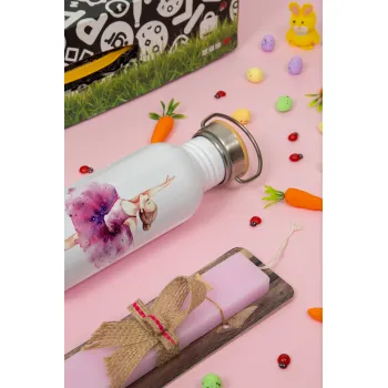 Ballerina watercolor, Easter Set, SS Metallic water bottle (620ml, stainless steel) & scented flat Easter candle (30cm) (PINK)