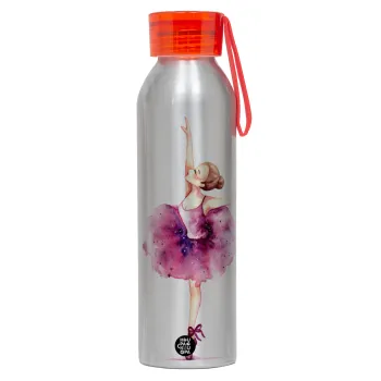 Ballerina watercolor, Αλουμινένιο Αθλητικό Μπουκάλι 650ml – Ασημί με Κόκκινο Καπάκι και Λουράκι Σιλικόνης