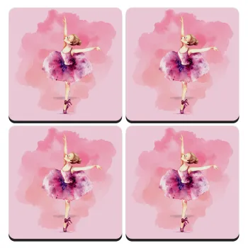Ballerina watercolor, ΣΕΤ 4 Σουβέρ ξύλινα τετράγωνα (9cm)