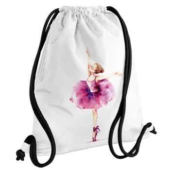 Ballerina watercolor, Backpack pouch GYMBAG white, with pocket (40x48cm) & thick cords
