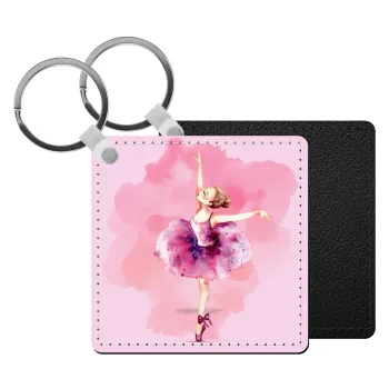 Ballerina watercolor, Μπρελόκ Δερματίνη, τετράγωνο ΜΑΥΡΟ (5x5cm)