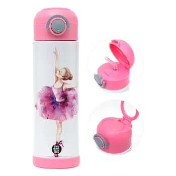 Ballerina watercolor, Παιδικό παγούρι θερμό, ανοξείδωτο, με καλαμάκι ασφαλείας, ΡΟΖ (500ml)