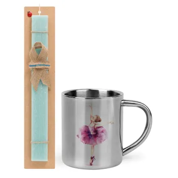 Ballerina watercolor, Easter Set, metallic thermal cup (300ml) & aromatic flat Easter candle (30cm) (TURQUOISE)