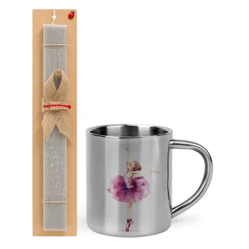Ballerina watercolor, Easter Set, metallic thermal cup (300ml) & Easter aromatic flat candle (30cm) (GRAY)