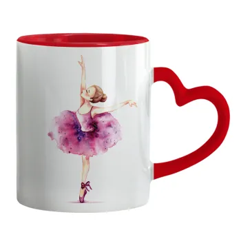 Ballerina watercolor, Κούπα καρδιά χερούλι κόκκινη, κεραμική, 330ml