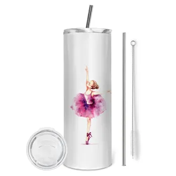 Ballerina watercolor, Tumbler ποτήρι θερμό από ανοξείδωτο ατσάλι 600ml, με μεταλλικό καλαμάκι & βούρτσα καθαρισμού