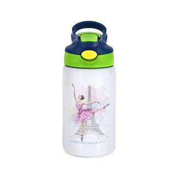 Ballerina in Paris, Children's hot water bottle, stainless steel, with safety straw, green, blue (350ml)