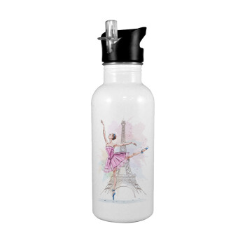 Ballerina in Paris, White water bottle with straw, stainless steel 600ml