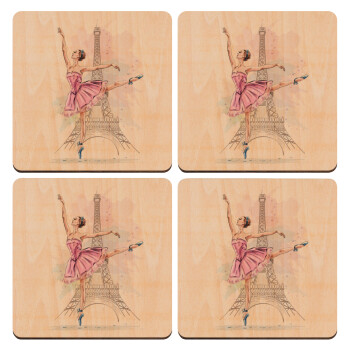 Ballerina in Paris, ΣΕΤ x4 Σουβέρ ξύλινα τετράγωνα plywood (9cm)