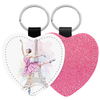 Ballerina in Paris, Μπρελόκ PU δερμάτινο glitter καρδιά ΡΟΖ