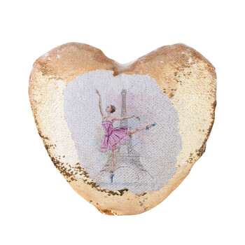 Ballerina in Paris, Μαξιλάρι καναπέ καρδιά Μαγικό Χρυσό με πούλιες 40x40cm περιέχεται το  γέμισμα