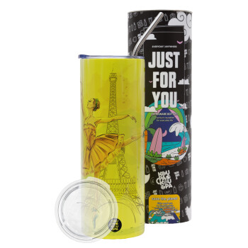 Ballerina in Paris, Neon Yellow Travel Tumbler, with metal straw (Stainless steel 304 Food grade, BPA free, 600ml)