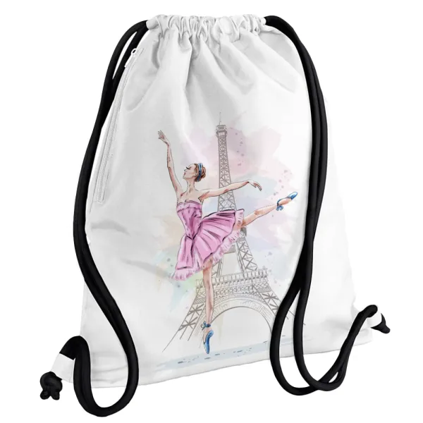 Ballerina in Paris — Τσάντα πλάτης πουγκί GYMBAG λευκή, με τσέπη (40x48cm) & χονδρά κορδόνια
