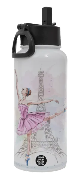 Ballerina in Paris — Μεταλλικό παγούρι θερμός Λευκό με καλαμάκι και χερούλι (Stainless steel), διπλού τοιχώματος, 950ml
