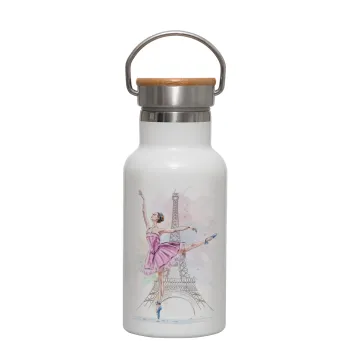 Ballerina in Paris, Μεταλλικό παγούρι θερμός (Stainless steel) Λευκό με ξύλινο καπακι (bamboo), διπλού τοιχώματος, 350ml