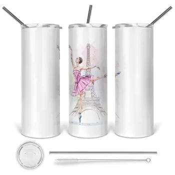 Ballerina in Paris, Tumbler ποτήρι θερμό από ανοξείδωτο ατσάλι 600ml, με μεταλλικό καλαμάκι & βούρτσα καθαρισμού