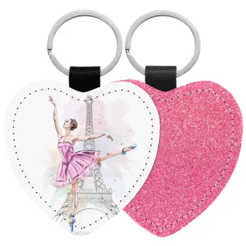 Ballerina in Paris, Μπρελόκ PU δερμάτινο glitter καρδιά ΡΟΖ