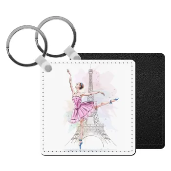 Ballerina in Paris, Μπρελόκ Δερματίνη, τετράγωνο ΜΑΥΡΟ (5x5cm)