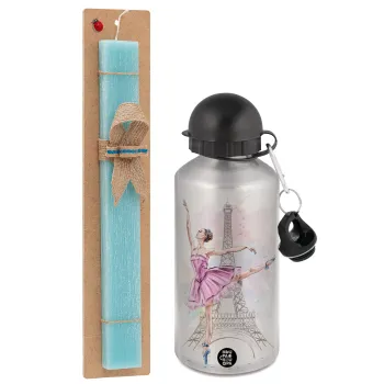 Ballerina in Paris, Easter Set, metallic silver aluminum water bottle (500ml) & scented flat Easter candle (30cm) (TURQUOISE)